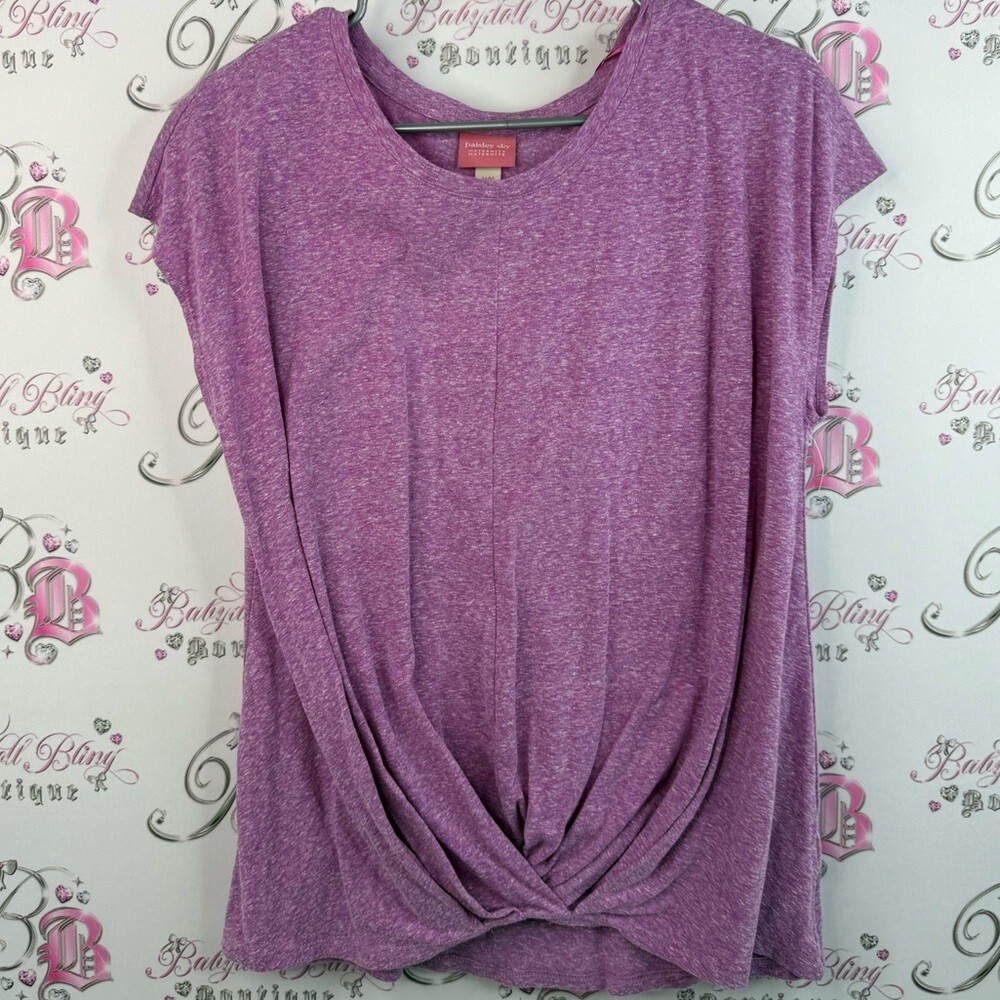 Paisley Sky maternity T-shirt knotted hem wrap Heathered Purple Short Sleeve Top